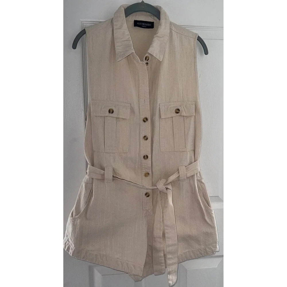Kittenish Women's Beige Utility Romper Belted Button Front Sleeveless Size M 188 - Picture 6 of 13